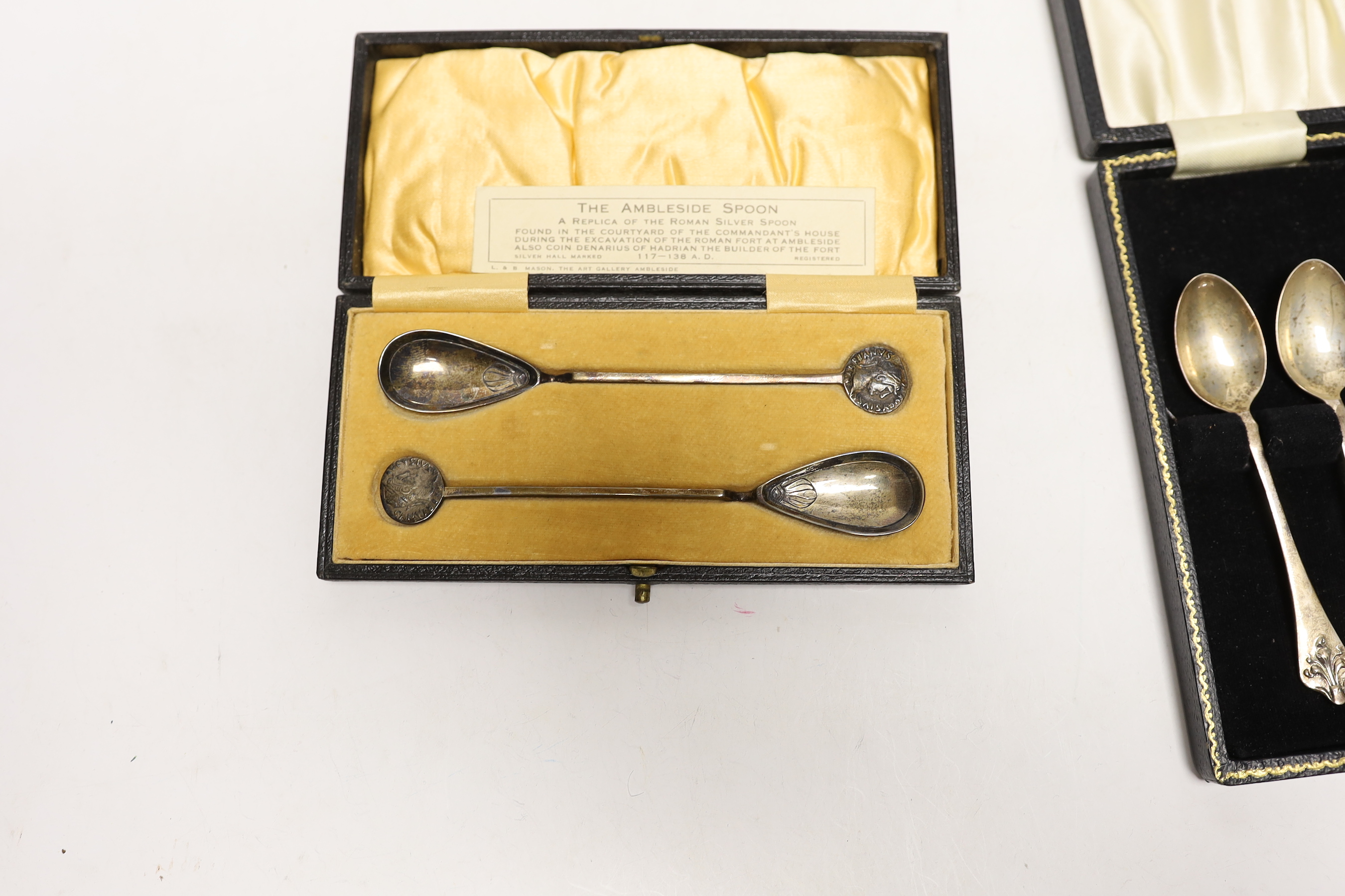 A cased set of six silver coffee spoons, a cased pair of 1920's preserve spoons and other sundry flatware.